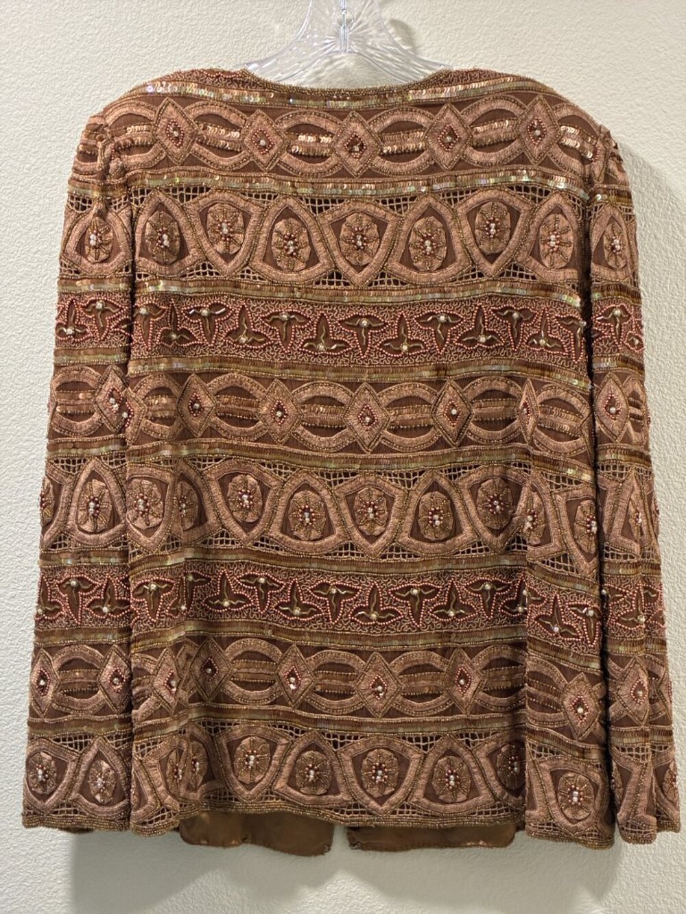 SCALA Vintage Beaded Embroidered Sequin Bronze Silk Evening Jacket Women 1X - Picture 3 of 13